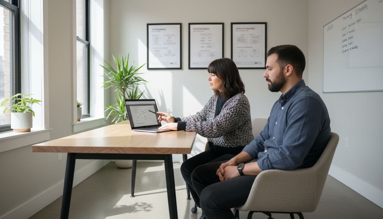 Two staff members in a training room, one demonstrating ID verification on a laptop while the other observes.