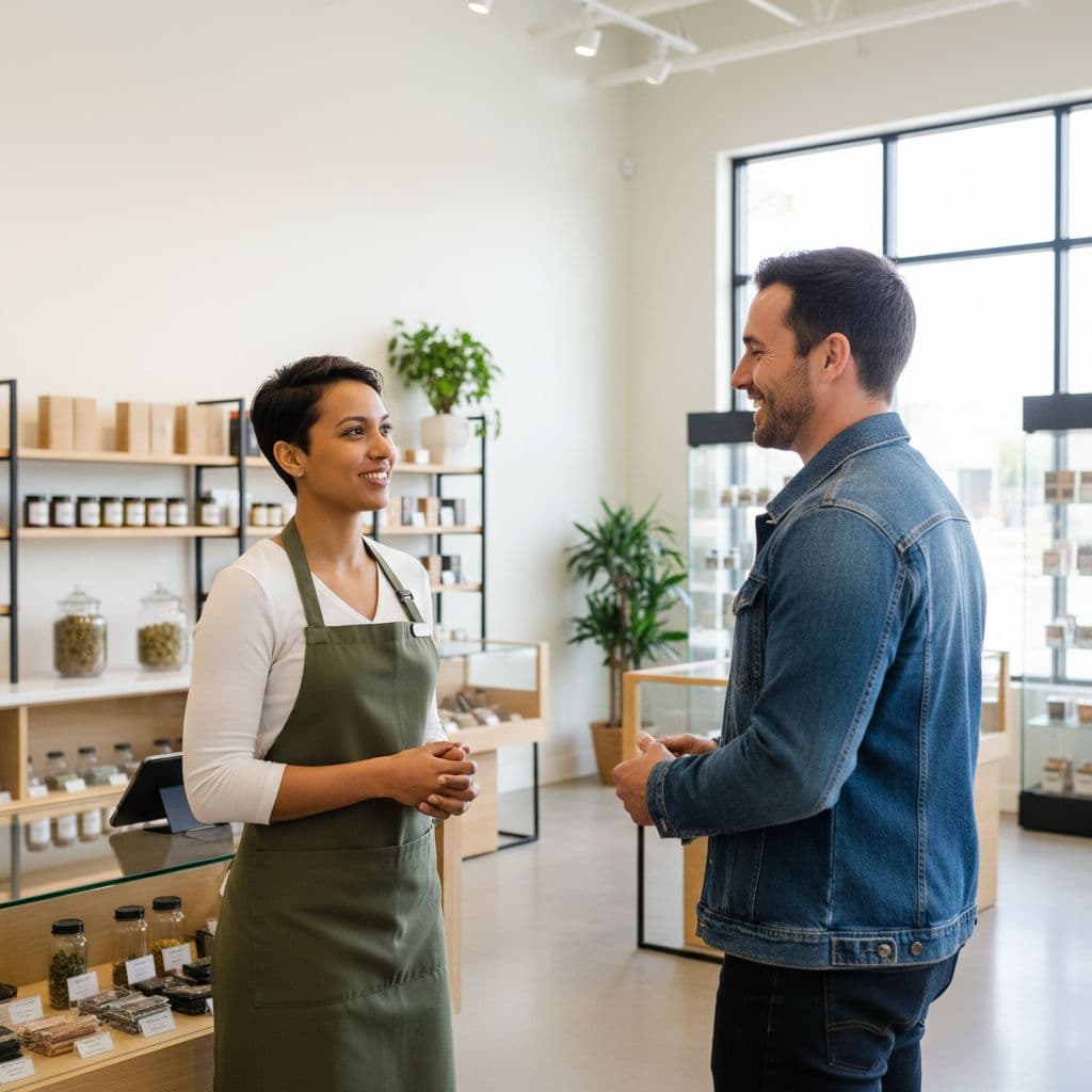 A staff member greets a customer in a bright, modern, and organized retail dispensary environment.