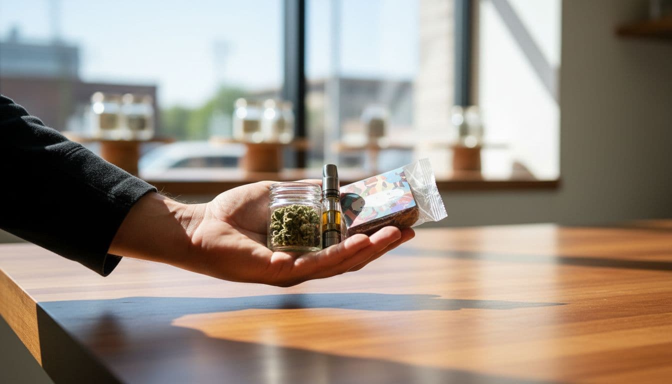 Hand holds jar of flower, vape cartridge, and edible on wooden dispensary counter.