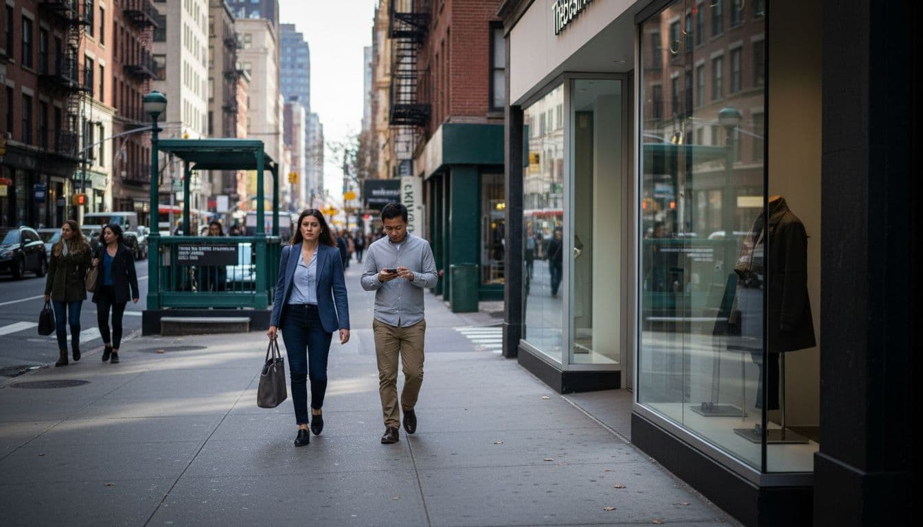Pedestrians approach modern retail storefront on busy Manhattan sidewalk, subway entrance across street.