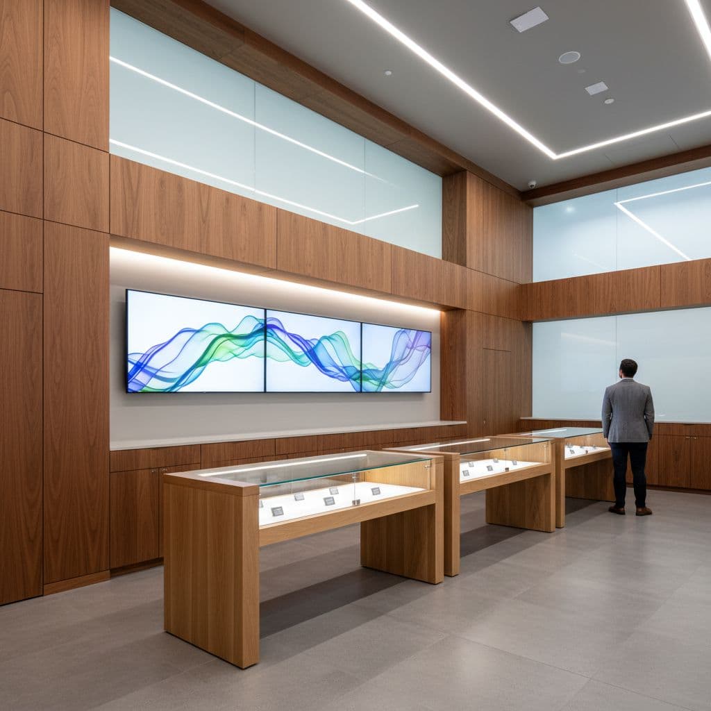 Modern cannabis dispensary interior with wall-mounted digital displays and one customer viewing a screen.