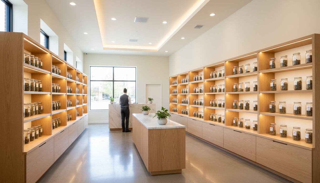 Wide-angle view of minimalist dispensary with wooden shelves of glass jars, polished concrete floor, and blurred staff behind counter.