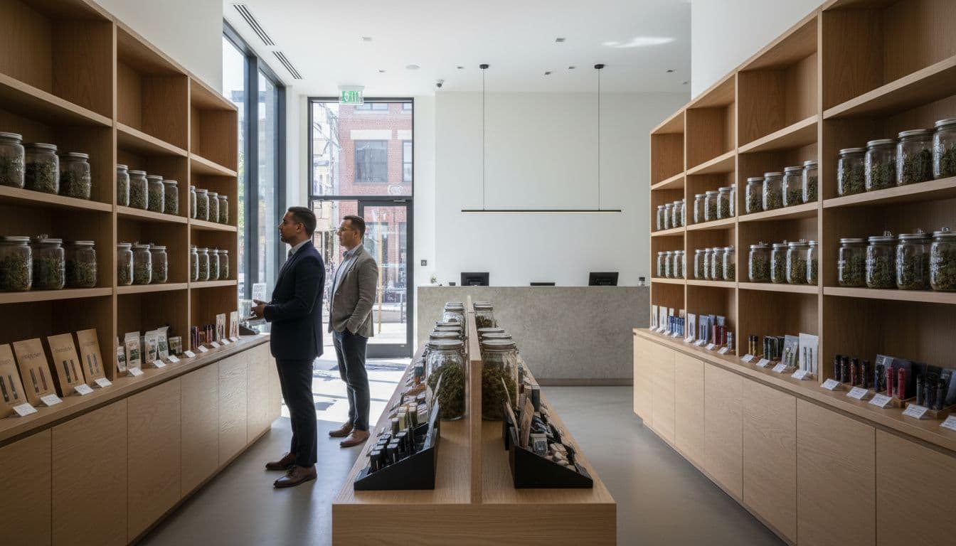 Spacious NYC dispensary interior with wooden shelves of flower jars, vapes, and edibles; two customers browse wide aisles to checkout counter.