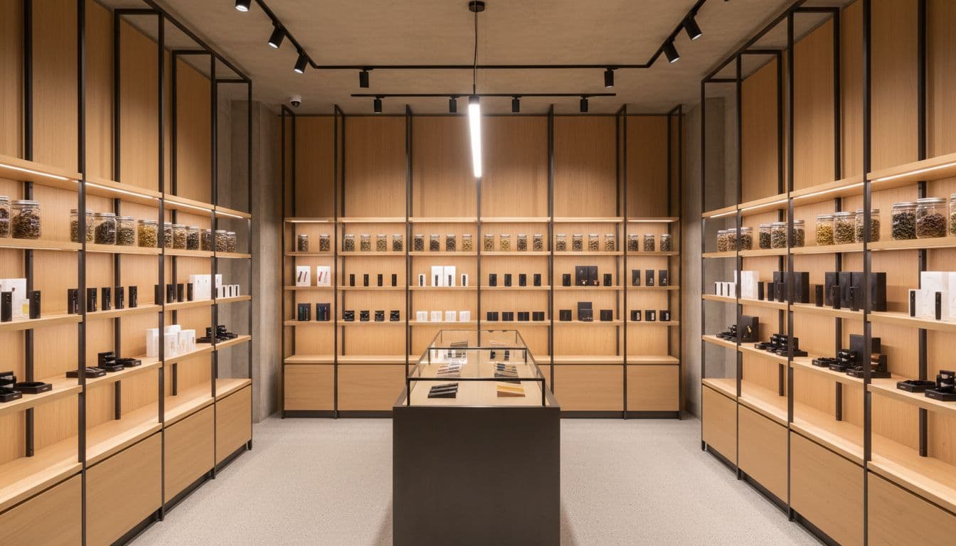 Clean organized interior of high-end cannabis store with minimalist wood metal shelves and glass displays.