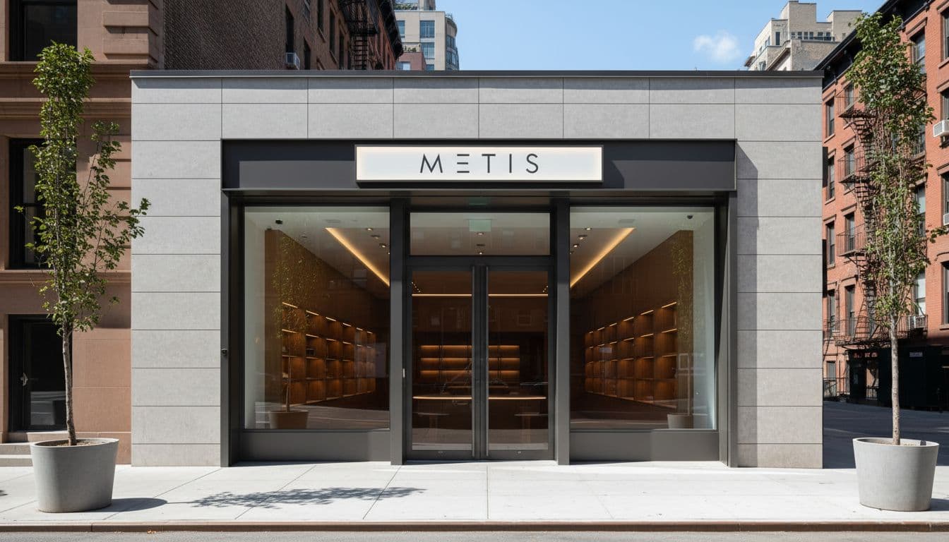 A clean, modern storefront with large glass windows and minimal signage on a New York City street.