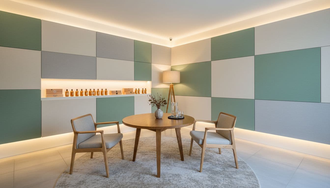 A private, minimalist consultation room features a wooden table and comfortable seating with acoustic wall paneling.