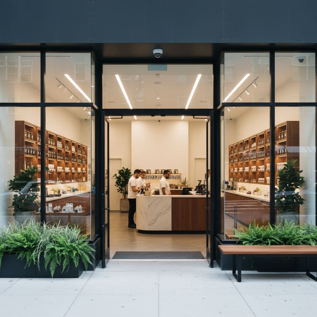 A bright and organized retail dispensary features a welcoming counter area with secure entry elements.