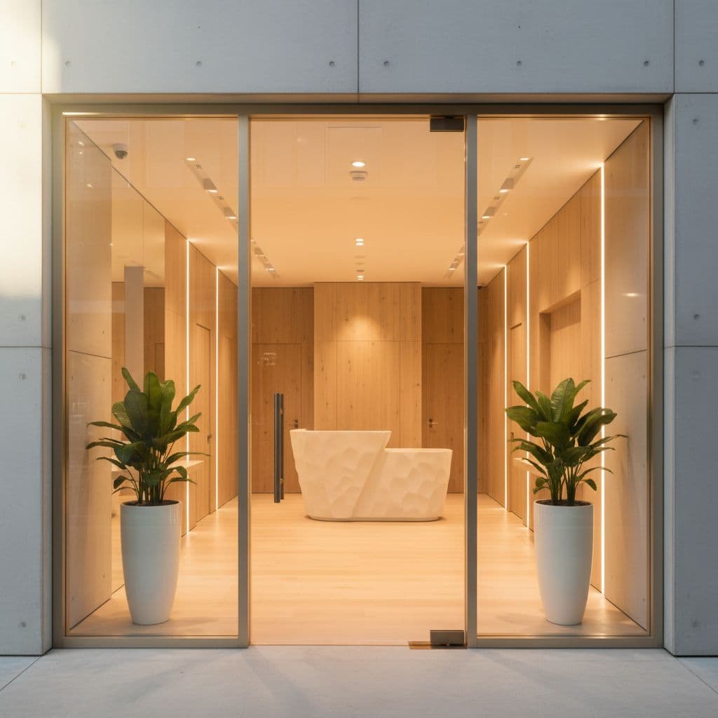 A clean, minimalist store entrance features warm lighting and high-end materials bathed in soft natural sunlight.