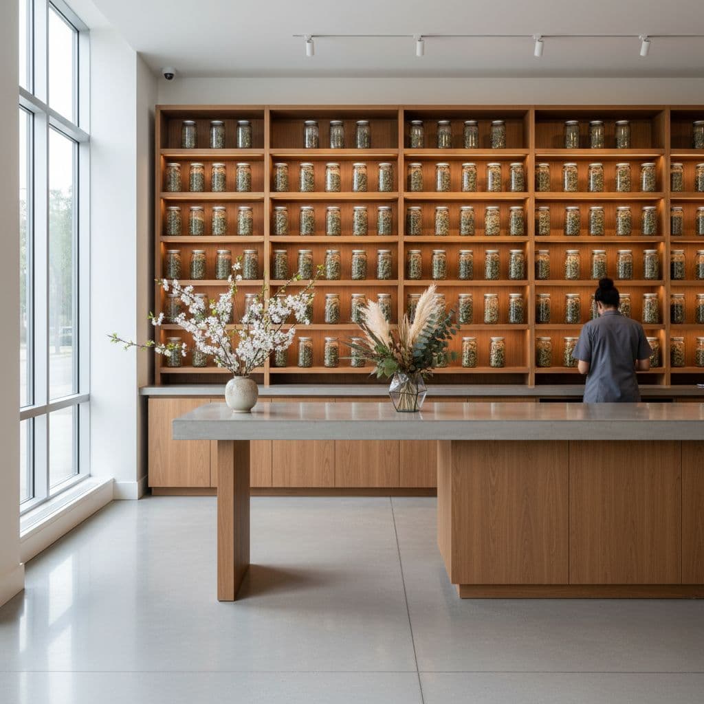 A bright minimalist retail space featuring wooden shelves with glass jars and elegant seasonal floral arrangements.
