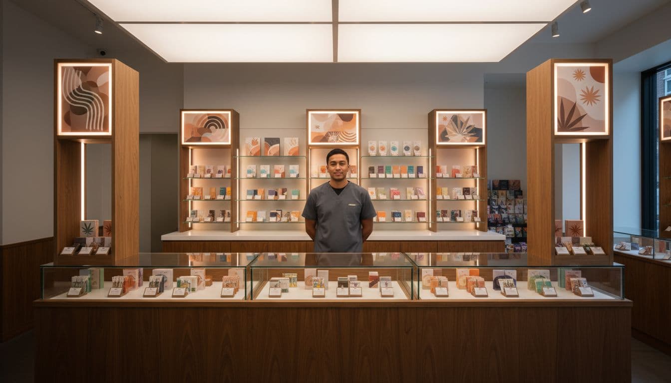 Modern cannabis dispensary interior with wooden counters, glass cases of branded products, and one uniformed staff behind counter.
