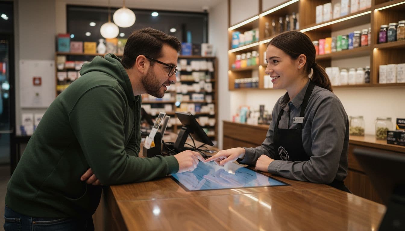 Budtender smiles and points to digital menu as customer leans forward listening at counter.