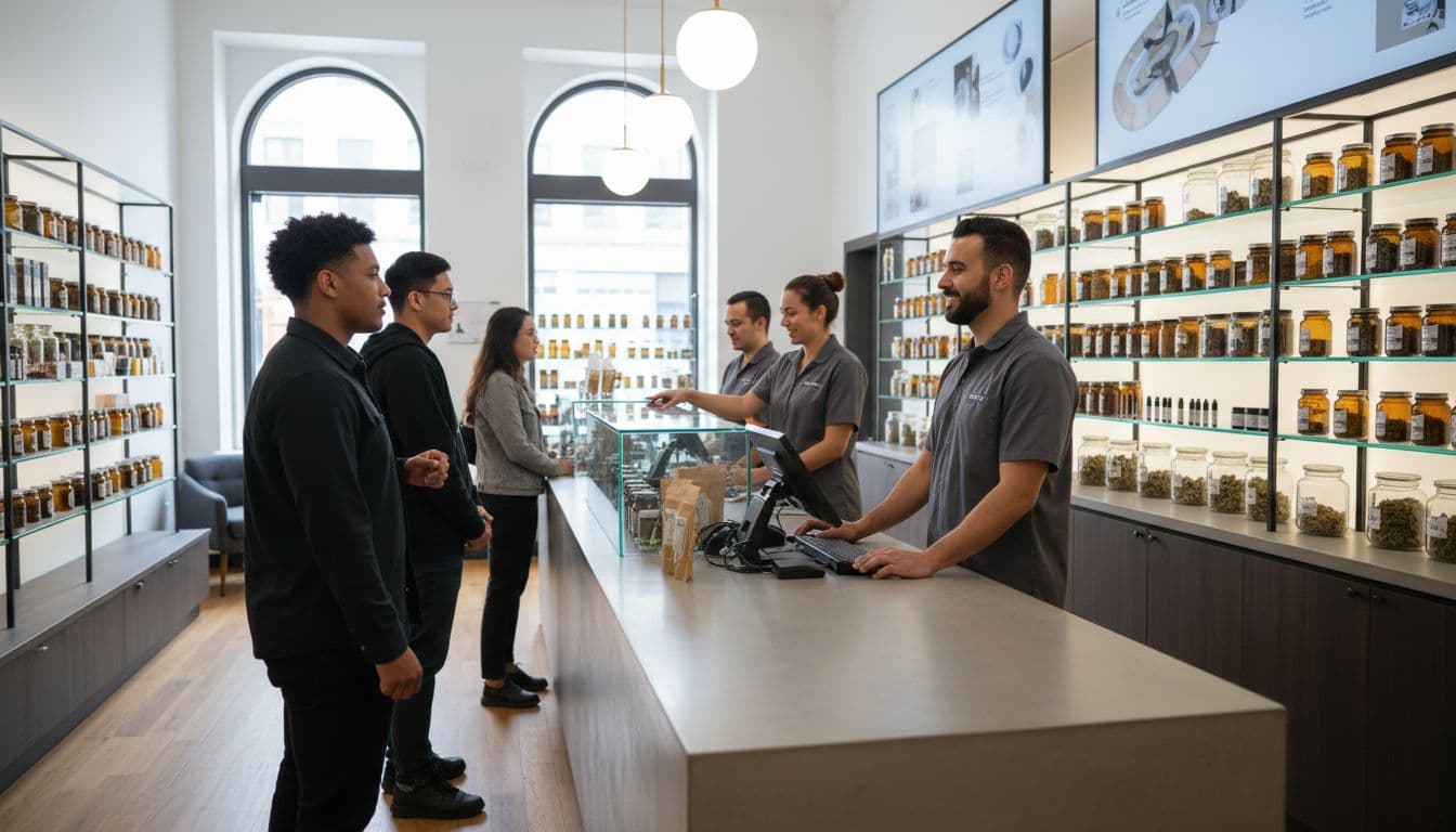 Four customers line up at the counter in a New York City cannabis dispensary, served by two staff members on POS terminals, with stocked shelves behind.