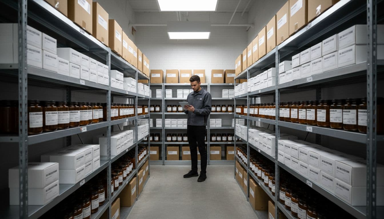 Organized shelves with labeled cannabis boxes and jars in dispensary storage room, staff member reviews stock on tablet.