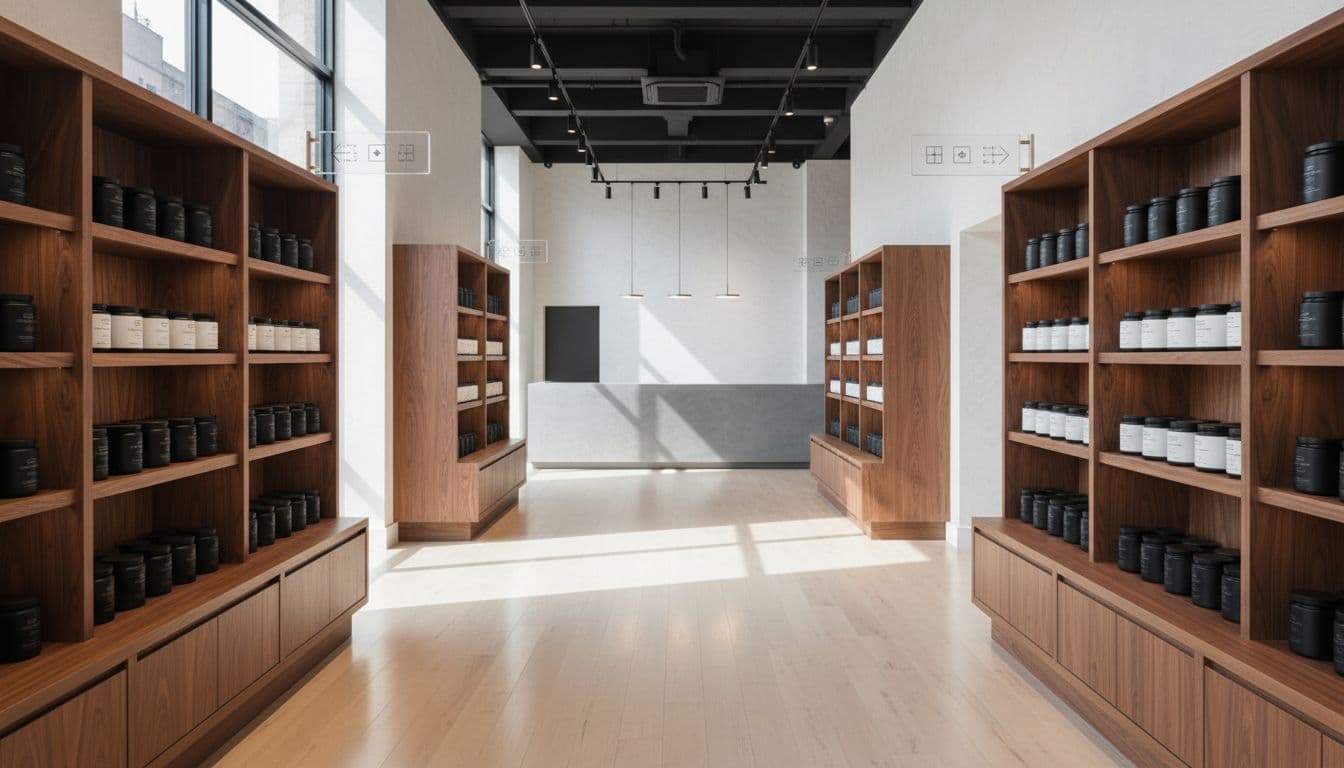 Wide aisles between wooden shelves display cannabis products in jars and boxes, with natural daylight from large windows.