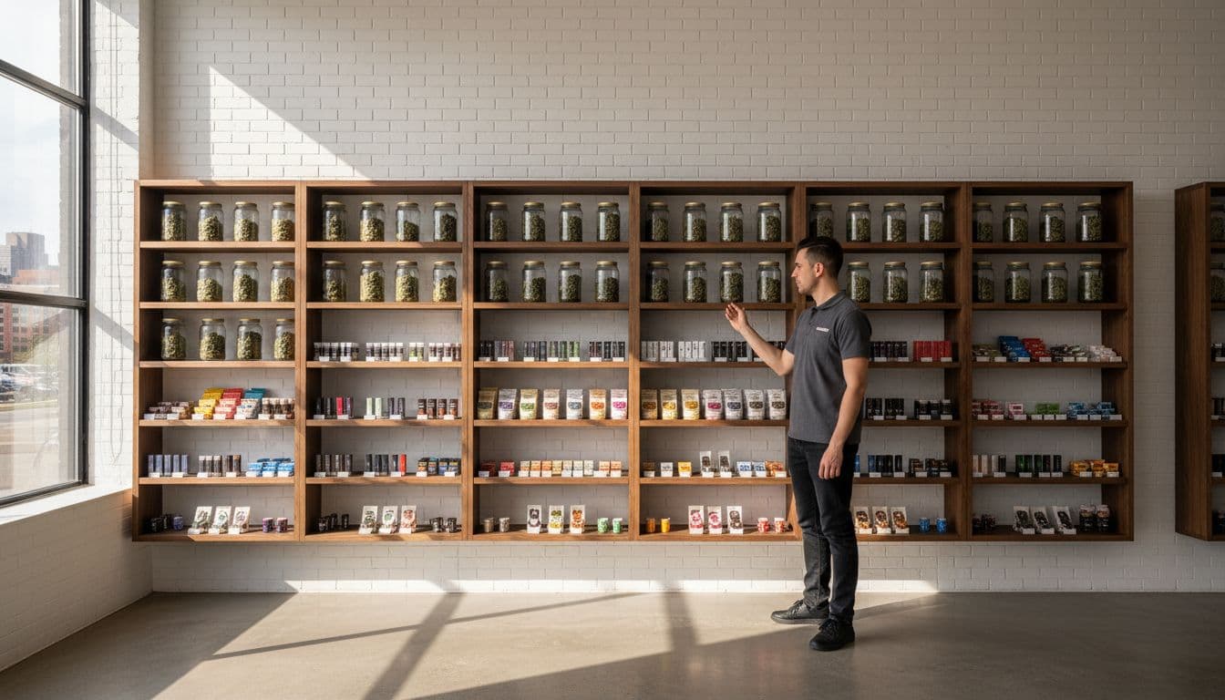 Modern New York City cannabis dispensary with shelves of flower jars, vapes, and edibles; budtender adjusts jar by windows.