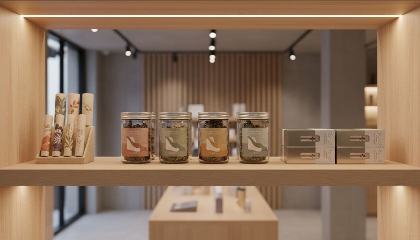 Wooden shelf displays neat cannabis flower jars, vape cartridges, and pre-rolls under soft lighting.