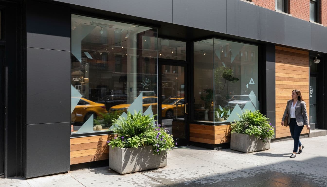 Modern cannabis dispensary storefront on busy NYC sidewalk with glass windows, potted plants, and one adult approaching entrance.