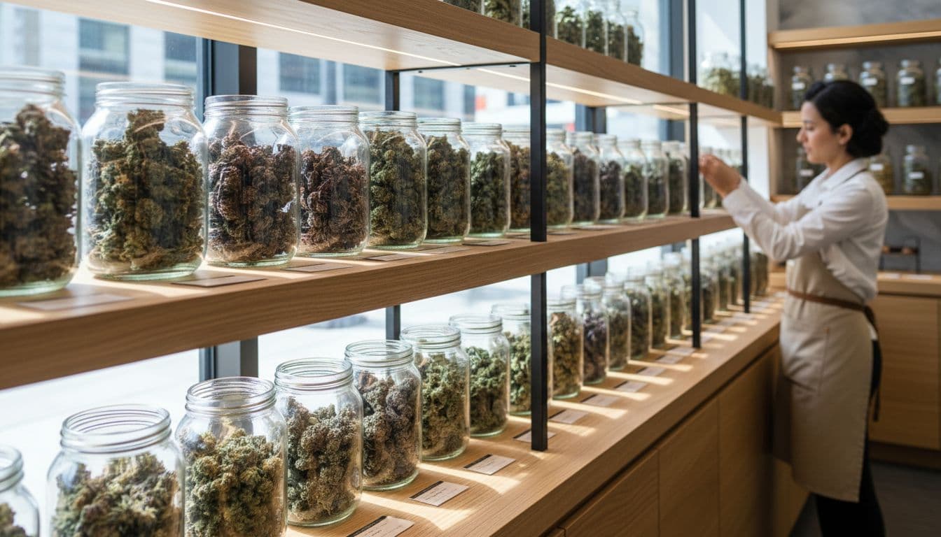 Glass jars of cannabis flower strains on wooden shelves in modern NYC dispensary, budtender adjusting labels in background.