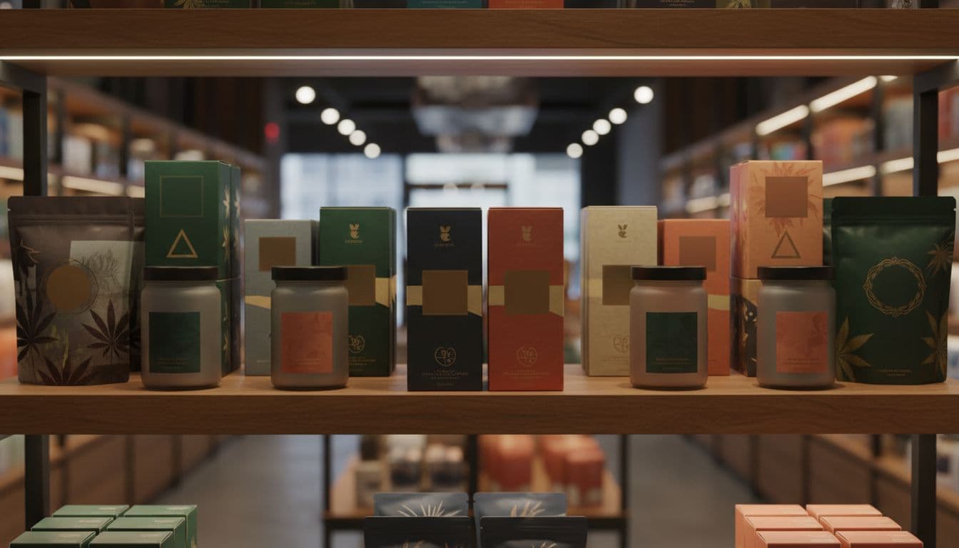 Close-up of jars, boxes, and pouches with varied colors on a neatly aligned dispensary shelf.