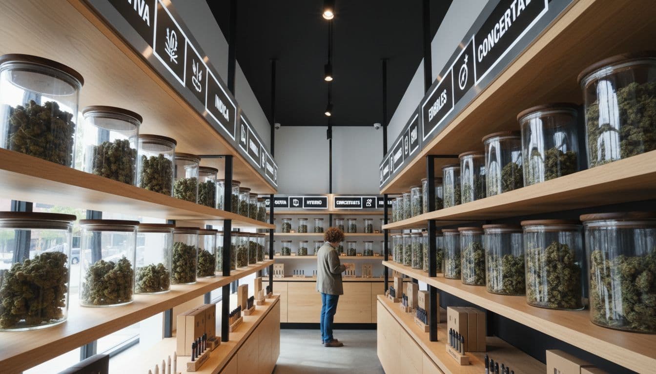 Wooden shelves stocked with glass jars and packages under category signs in modern NYC cannabis dispensary.