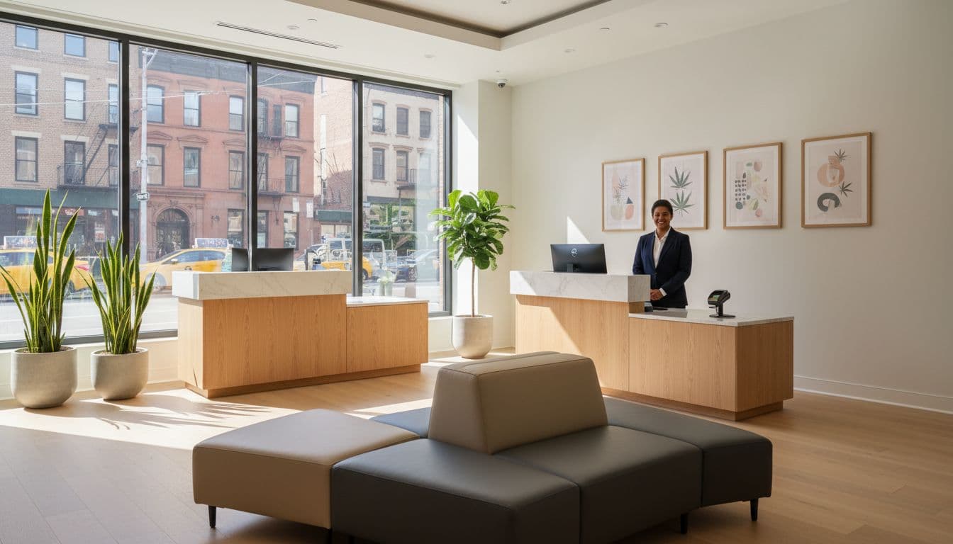 Welcoming lobby with modular seating, subtle plants, neutral walls, reception desk, one staff member, and natural light through urban-view windows.