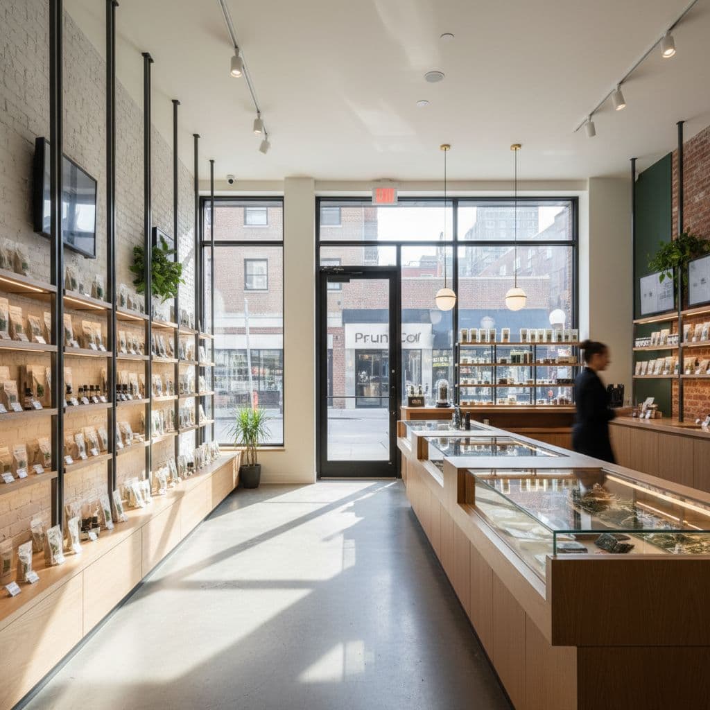 Minimalist shelves hold packaged cannabis products in a well-lit upscale dispensary with one blurred person in the background.
