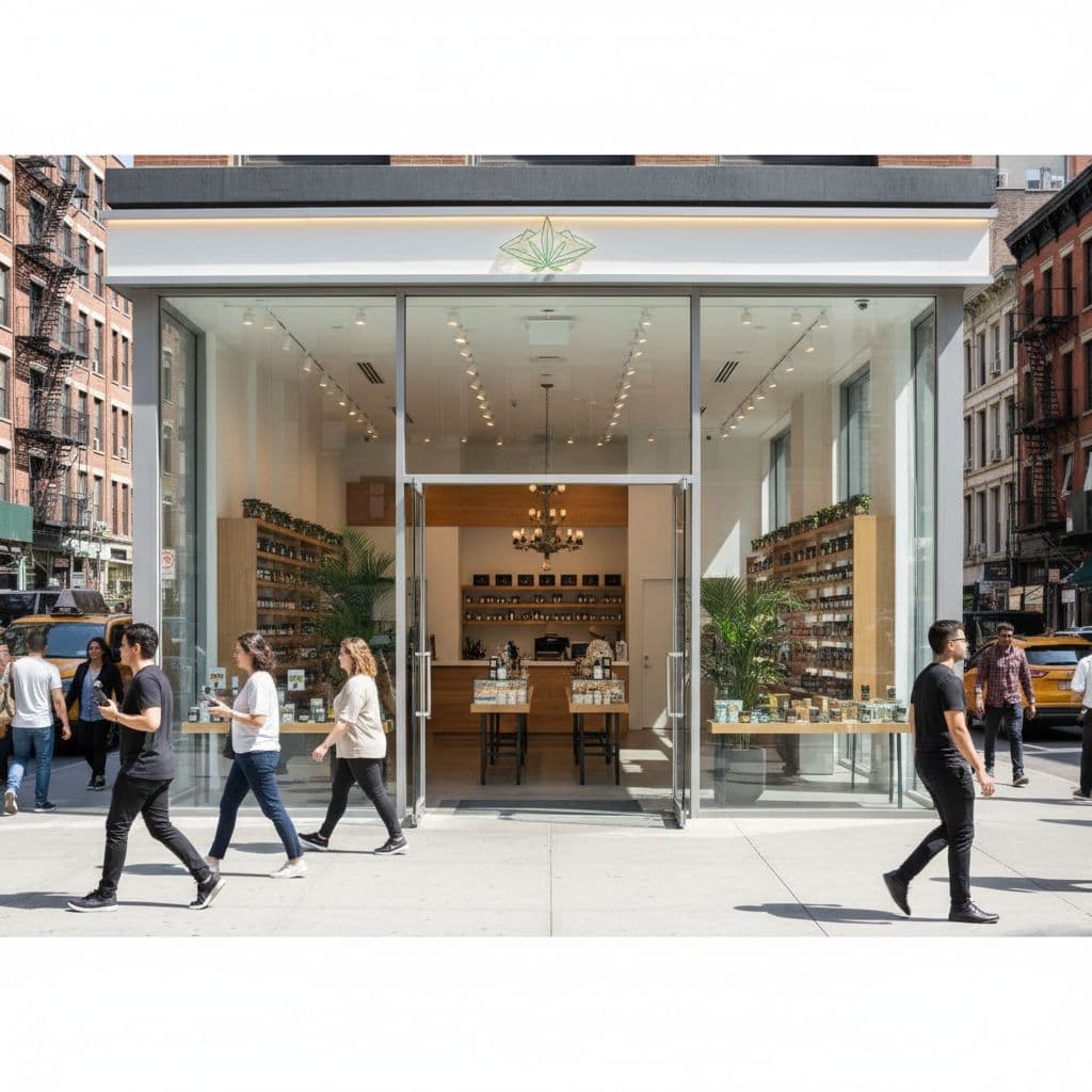 Modern cannabis retail storefront with glass entrance on busy New York City sidewalk amid pedestrians.
