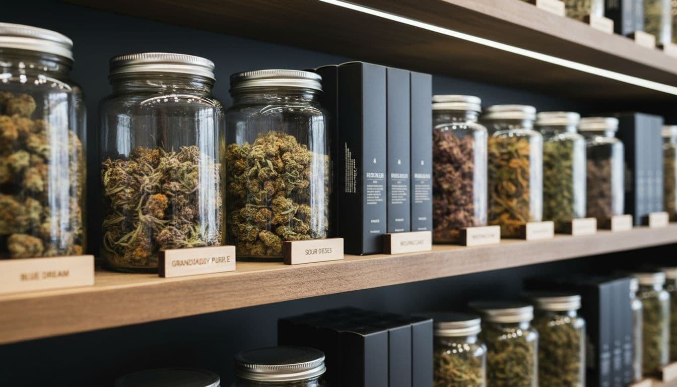 Close-up of wooden shelves displaying cannabis flower in glass jars and pre-rolls in boxes, arranged by strain with simple tags.