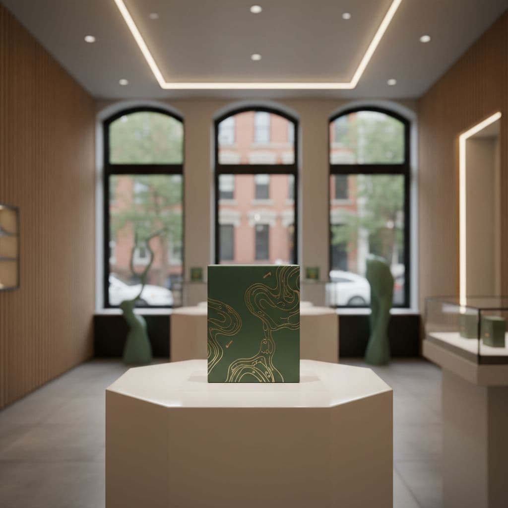 A luxury cannabis package sits centered on a minimalist white pedestal within a modern, upscale dispensary.
