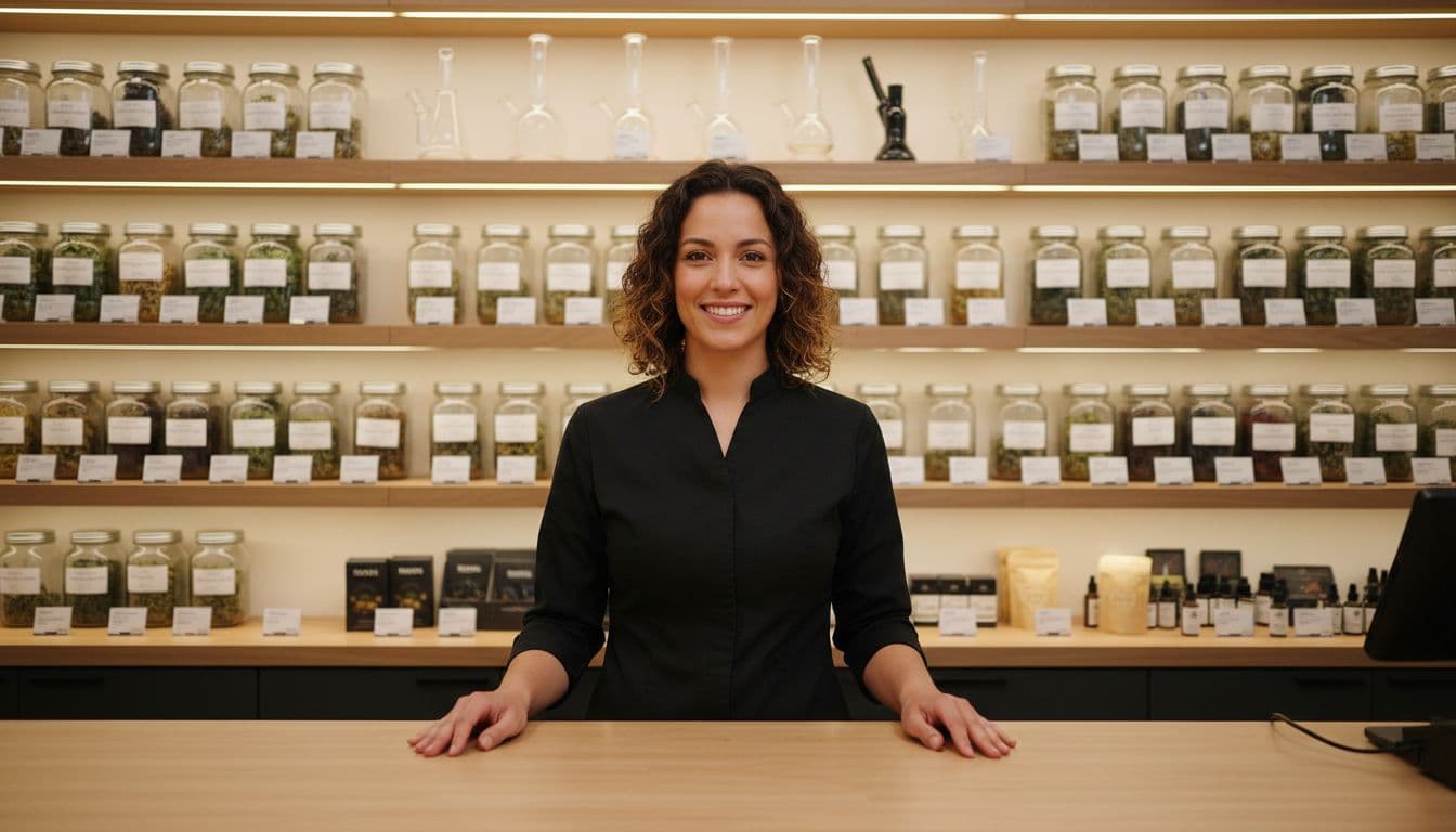 Professional budtender in black shirt stands behind clean counter, smiling with relaxed hands, organized shelves in background.