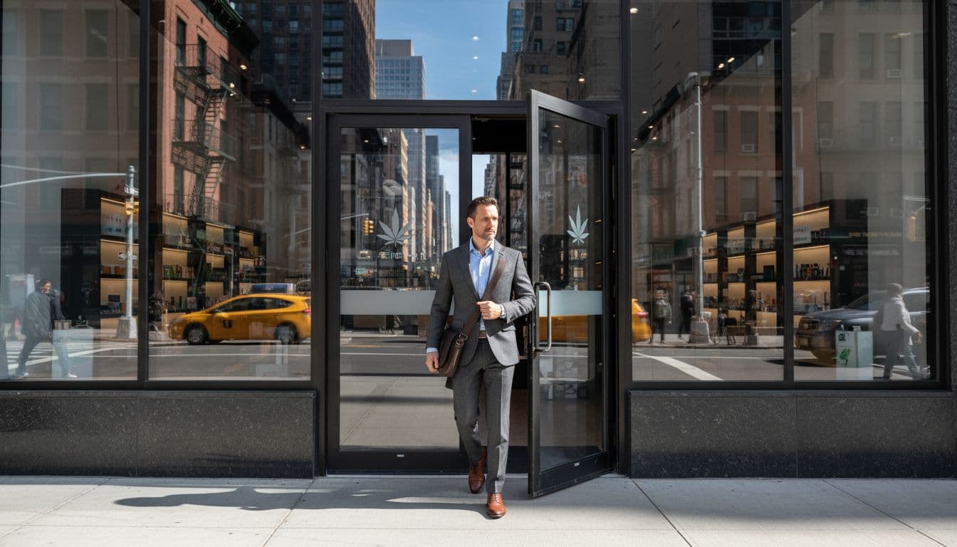 Busy professional enters modern NYC cannabis dispensary through glass door from street view.