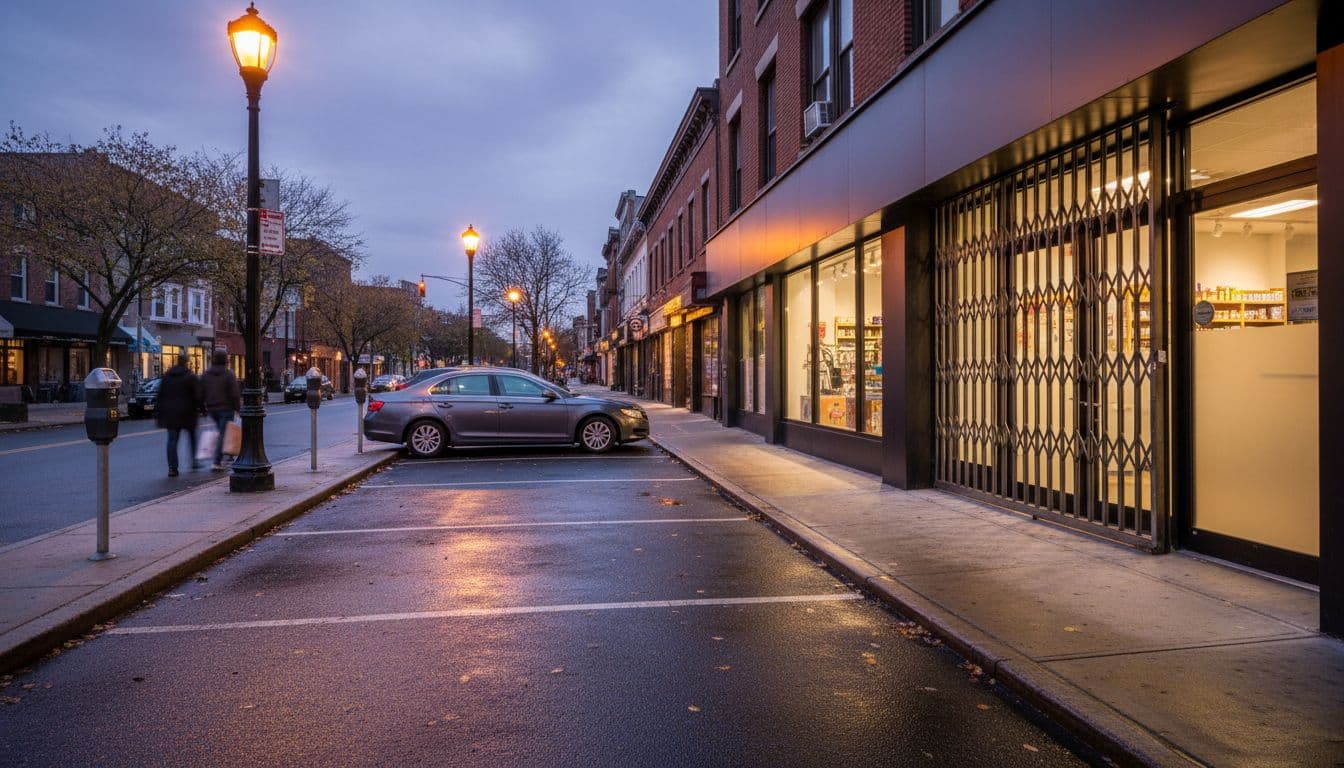 Queens NYC street at early evening dusk with metered parking in front of modern secure retail storefront, one parked car, and two people walking away.