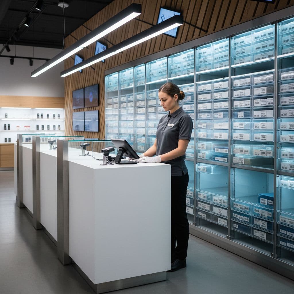 A professional staff member efficiently organizes inventory within a secure, well-lit retail storage area.