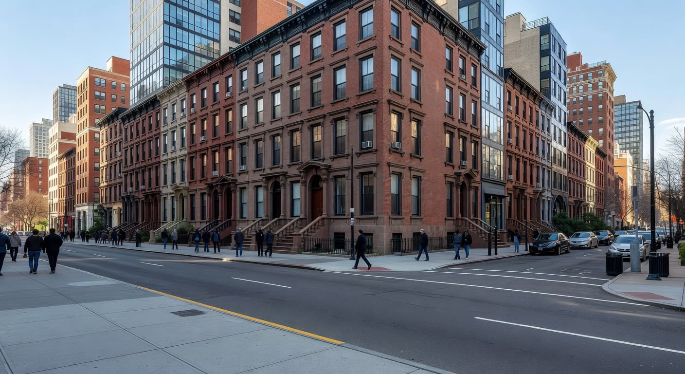 A wide-angle view captures a sunlit city sidewalk lined with clean brick building facades. One figure walks calmly in the distance, emphasizing the spacious and orderly atmosphere of the urban environment.