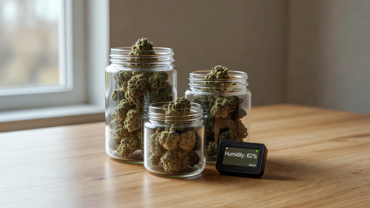Clear glass jars filled with dried cannabis buds sit on a rustic wooden table beside a small digital hygrometer. Soft, natural window light highlights the realistic plant textures and humidity readings.