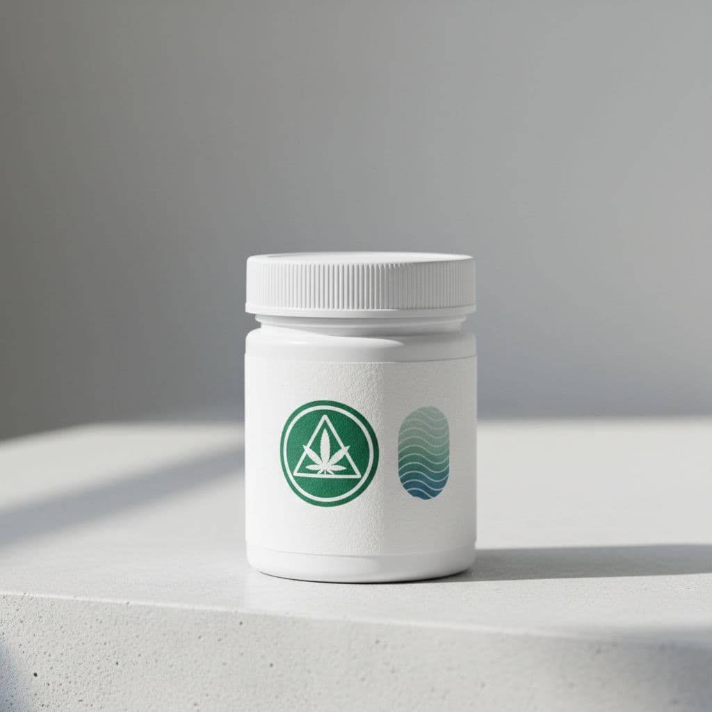 A sealed, child-resistant white container sits on a smooth neutral surface. The front label prominently displays the official New York state cannabis universal symbol, clearly visible under bright natural light.