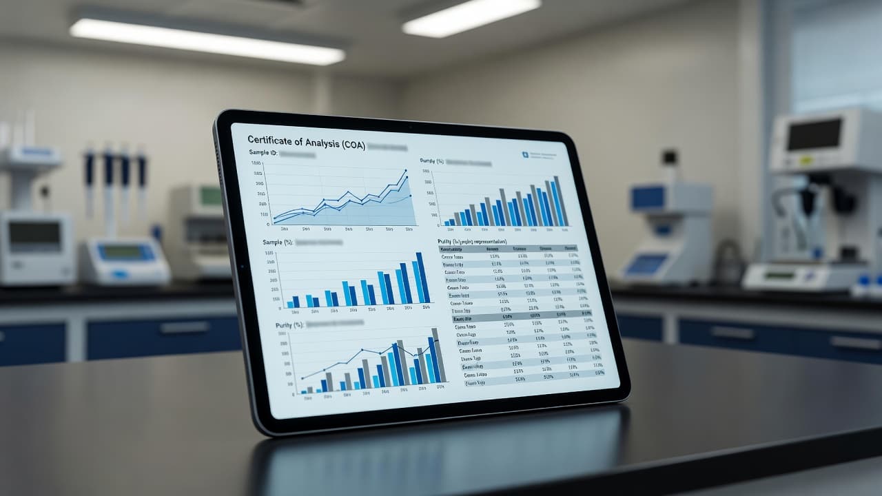 A high-tech tablet screen displays complex analytical charts and data points in a dim, professional laboratory. Soft ambient lighting highlights the crisp graphics and numerical trends shown on the device.