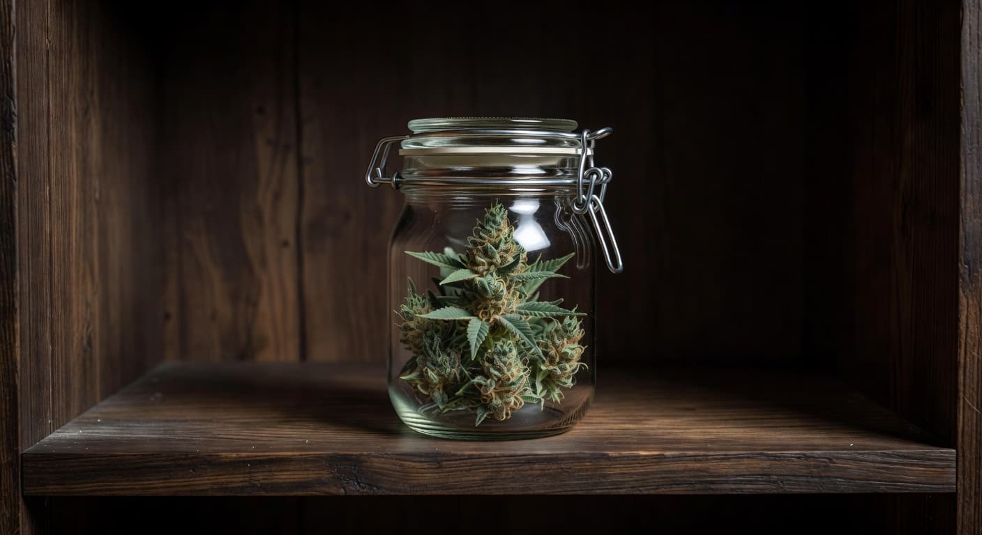 A clear glass jar with a metal clamp lid houses dried green cannabis flower buds. It rests upon a dark wooden shelf within a dimly lit closet, highlighting detailed textures.