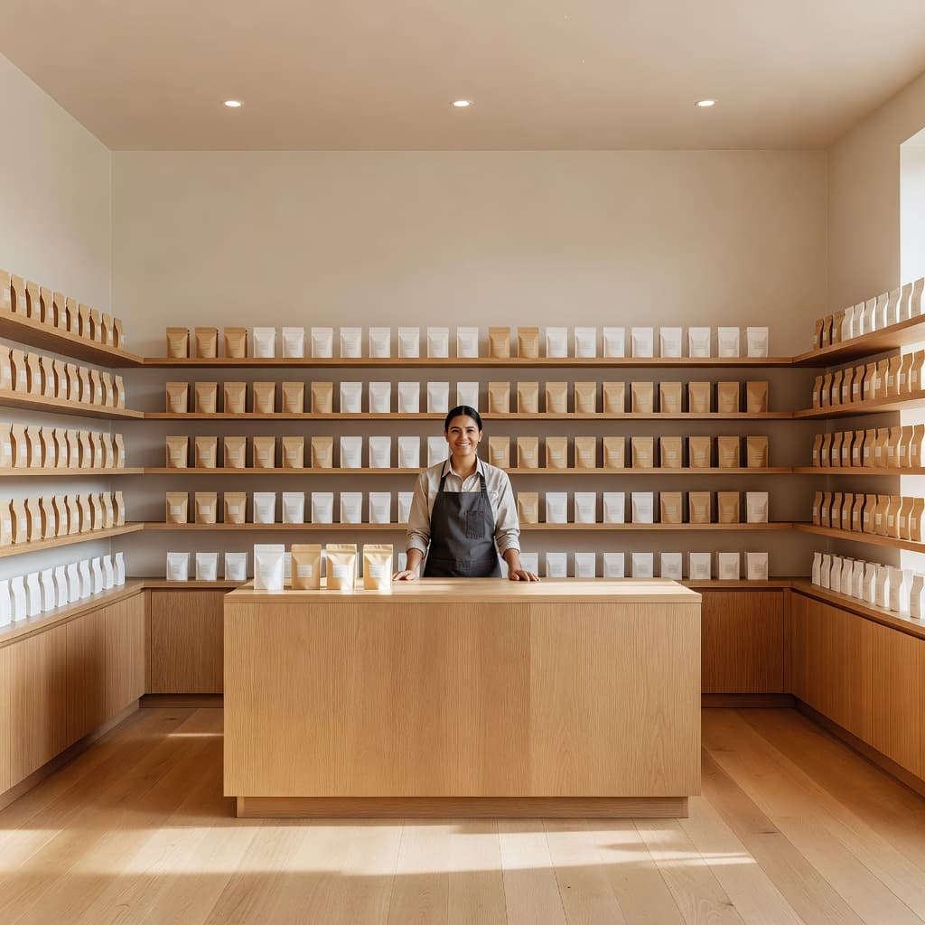 A smiling staff member wearing an apron stands behind a minimalist wooden counter in a sunlit retail shop. Clean wooden shelves display uniform product packaging within a professional, inviting boutique space.