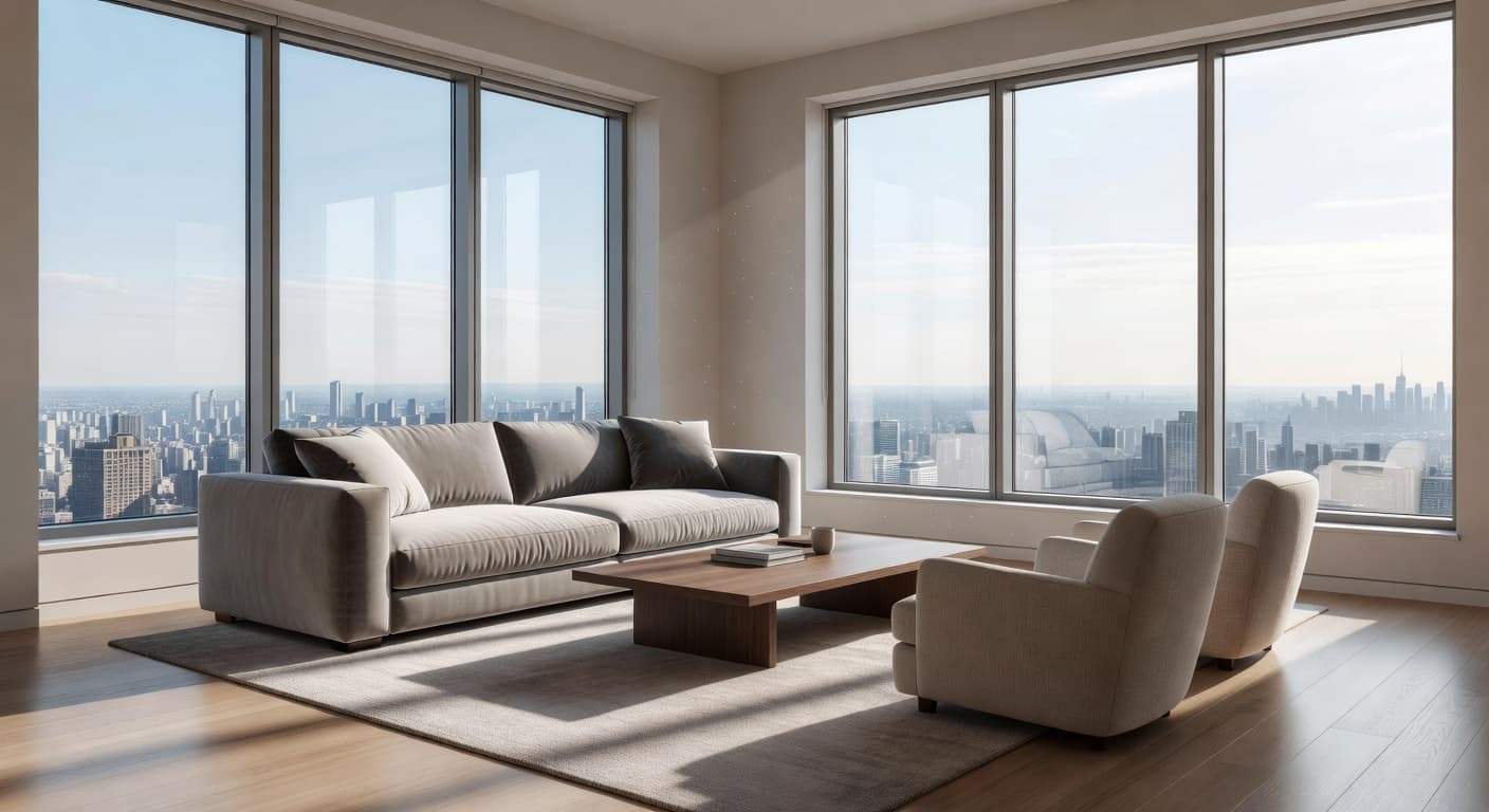 Sunlight floods a minimalist living room featuring plush velvet furniture and sleek wooden accents. Floor-to-ceiling windows provide a wide perspective of the dense urban skyline stretching across the horizon at sunset.