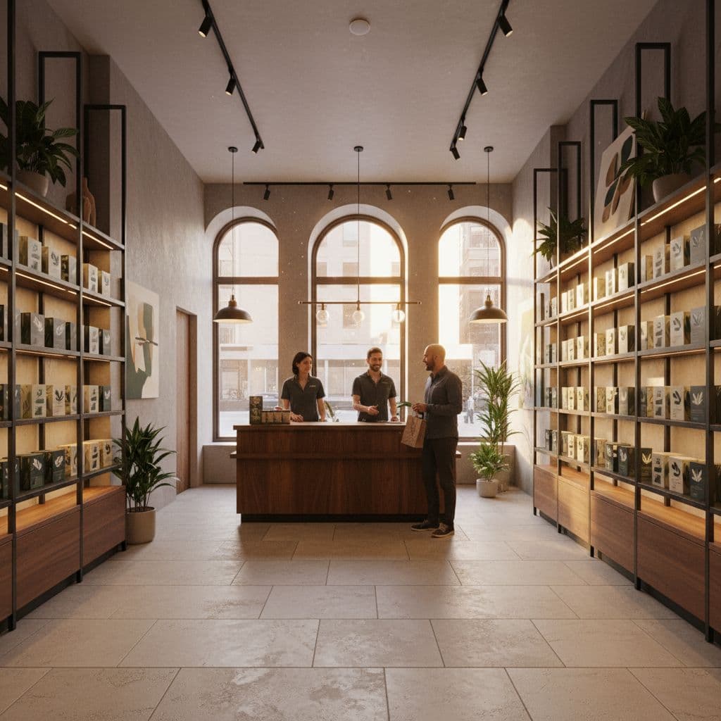 Two staff members stand behind a sleek wooden counter assisting a customer inside a clean retail shop. Rows of neatly arranged products line the illuminated shelves under warm natural window lighting.