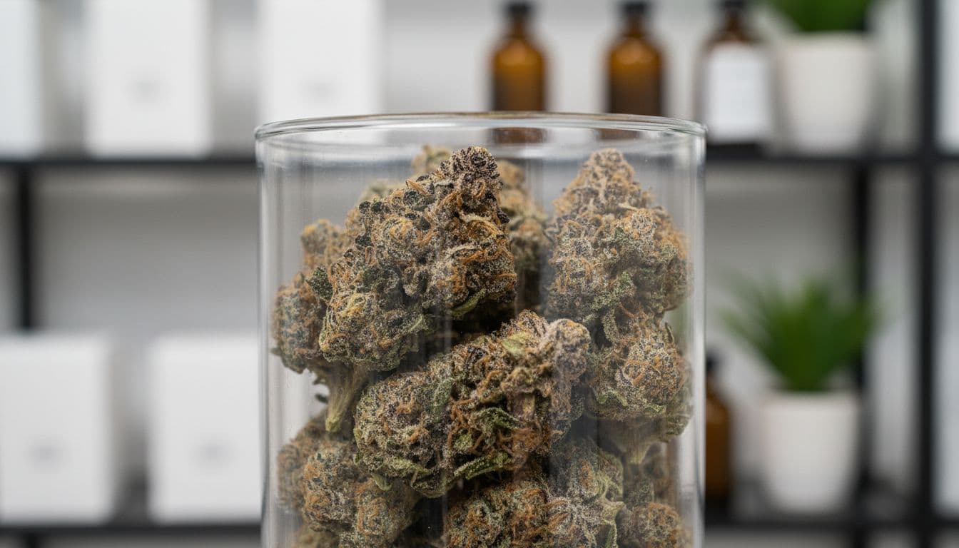 Crystal-coated cannabis buds sit inside a transparent glass jar, highlighting the sticky resinous trichomes. The backdrop features a blurred, professional retail shelf emphasizing the high-quality nature of the product display.