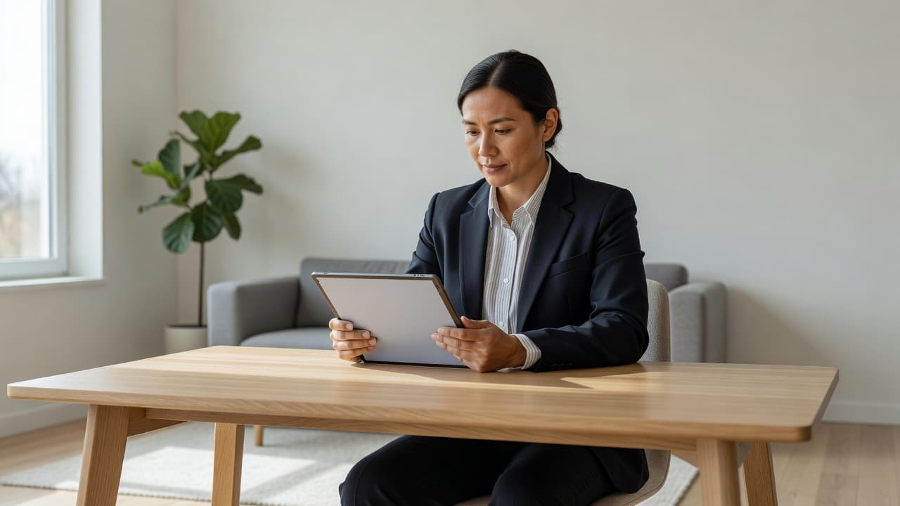 A focused professional in neutral attire sits at a sleek wooden desk within a sunlit modern room, carefully examining a detailed digital report displayed on a handheld tablet device.