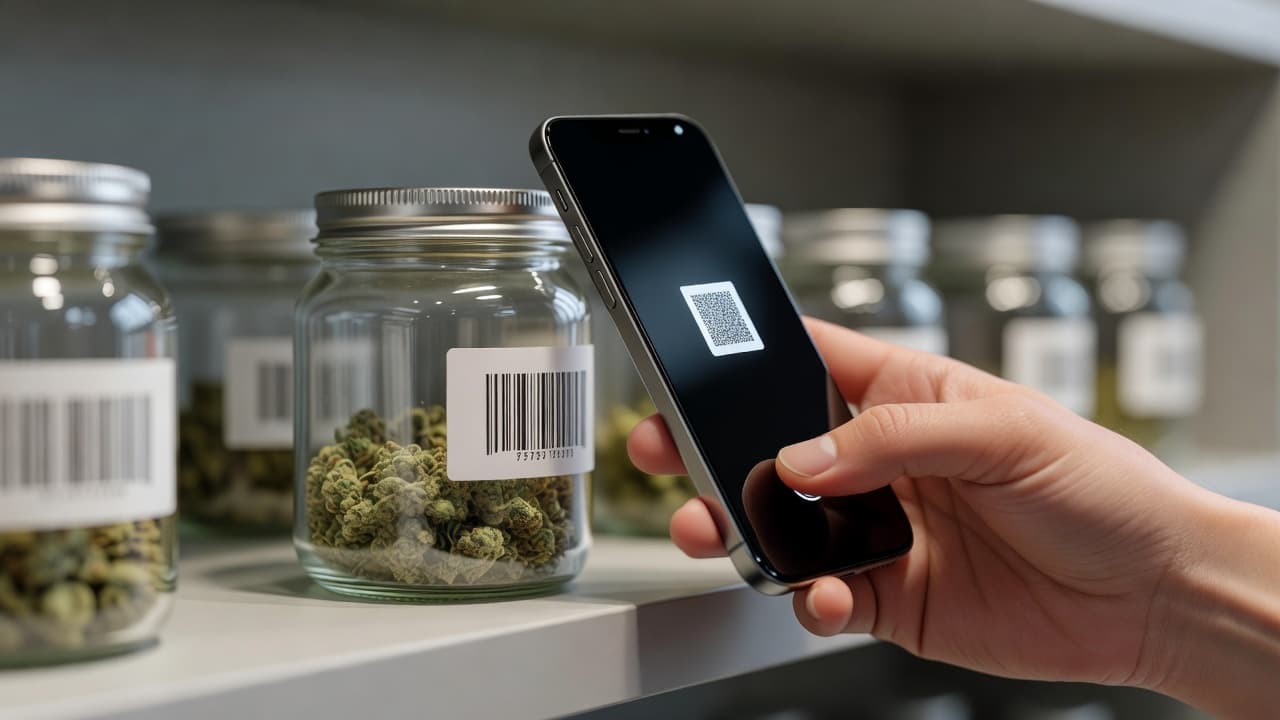 A close-up view of a hand holding a smartphone to scan a QR code on a cannabis jar. The blurred dispensary shelves in the background provide a professional retail context.