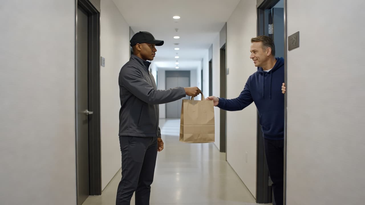 A courier in a neutral uniform stands in a well-lit apartment hallway, handing discreet packaging to a resident. The clean, modern corridor features minimalist architectural details and bright lighting.