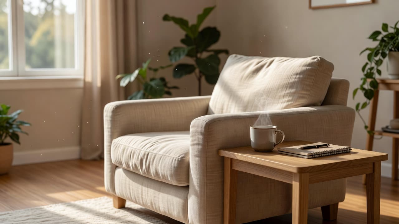 A plush armchair sits next to a small wooden side table holding a warm cup of tea and an open notebook. Soft natural light illuminates the tranquil space and indoor plants.