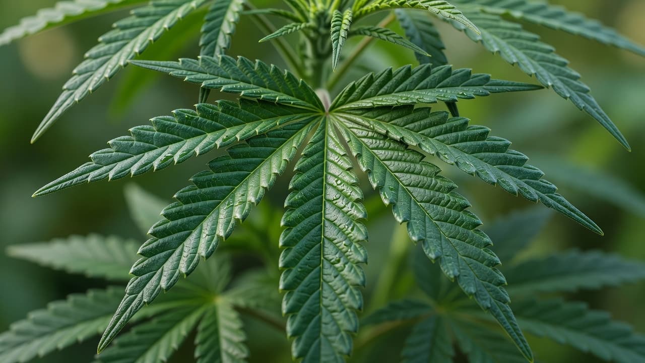 A close-up view highlights the intricate serrated edges and distinct veins of a healthy green cannabis leaf. Soft morning sunlight illuminates the organic surface against a smooth, blurred botanical background.