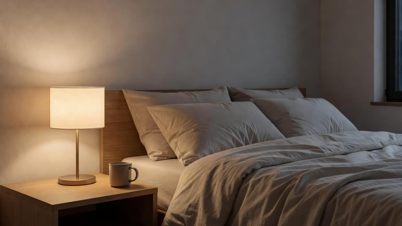 A soft bedside lamp glows in a quiet room, casting warm light over rumpled bed linens. A ceramic mug sits on the wooden side table beside the invitingly messy bed.