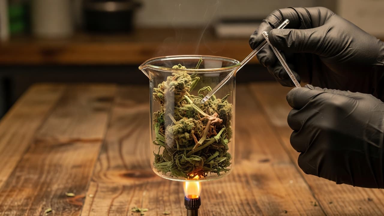 A pair of hands carefully adjusts laboratory equipment while heating dried cannabis flower inside a glass beaker on a rustic wooden table. The warm lighting highlights the intricate leaf textures.