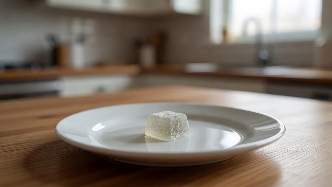 A single, small cannabis gummy sits centered on a white ceramic plate resting upon a rustic wooden kitchen counter. Soft natural window light highlights the gummy's smooth, gelatinous texture.